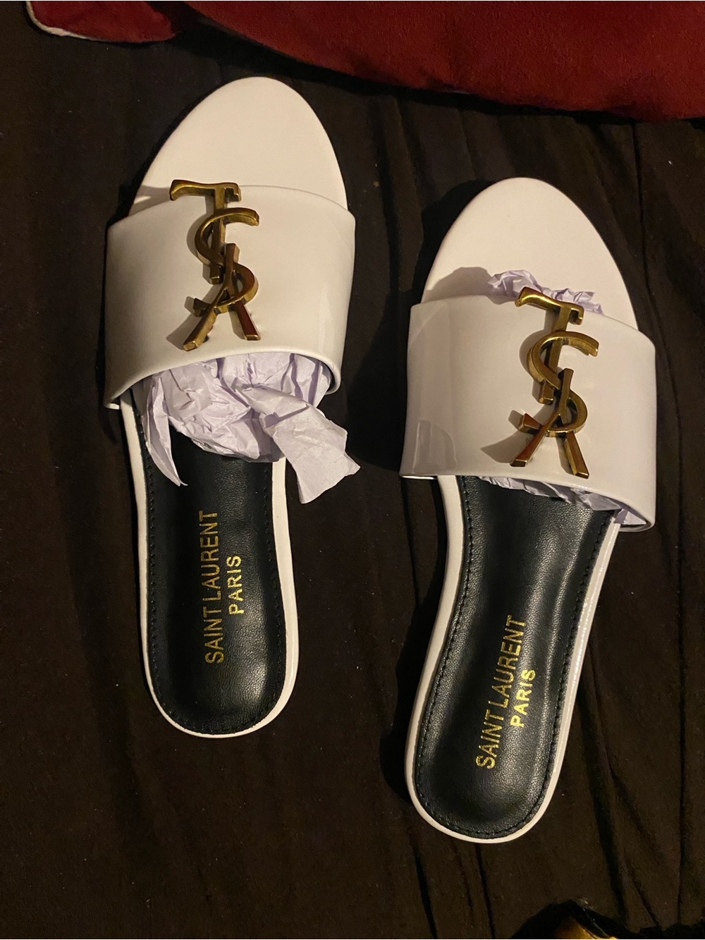 Saint Laurent White Leather Slide Mules with Gold YSL Monogram